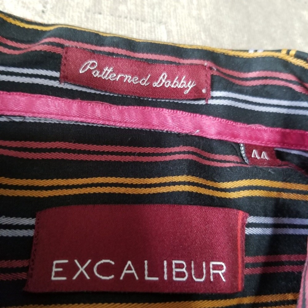 Men Dress Shirt Excalibur Black Size 44 Long Sleeve Button Up Striped - Picture 2 of 10